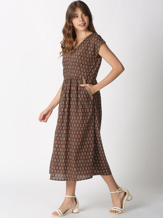 Brown Ethnic Motifs Printed Midi Dress with Embroidered Pockets