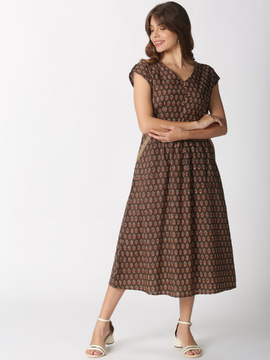 Brown Ethnic Motifs Printed Midi Dress with Embroidered Pockets