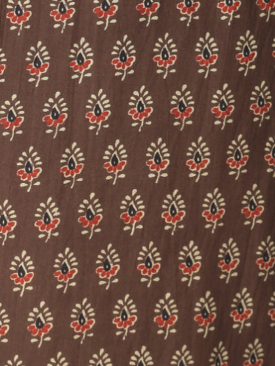 Brown Ethnic Motifs Printed Midi Dress with Embroidered Pockets