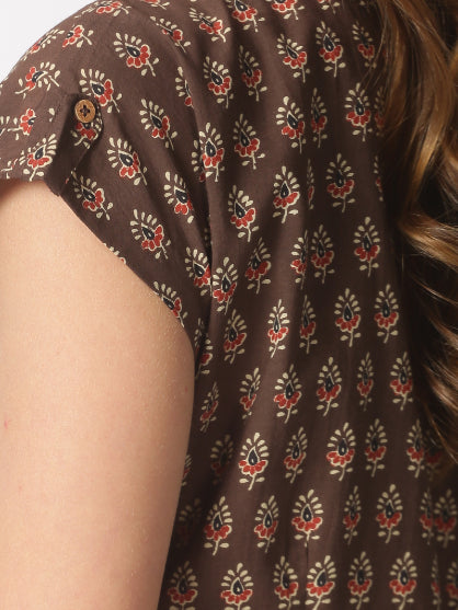 Brown Ethnic Motifs Printed Midi Dress with Embroidered Pockets