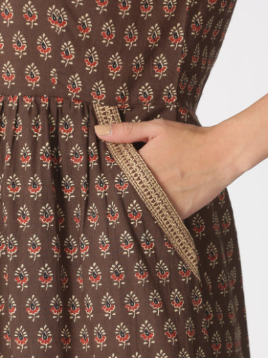 Brown Ethnic Motifs Printed Midi Dress with Embroidered Pockets