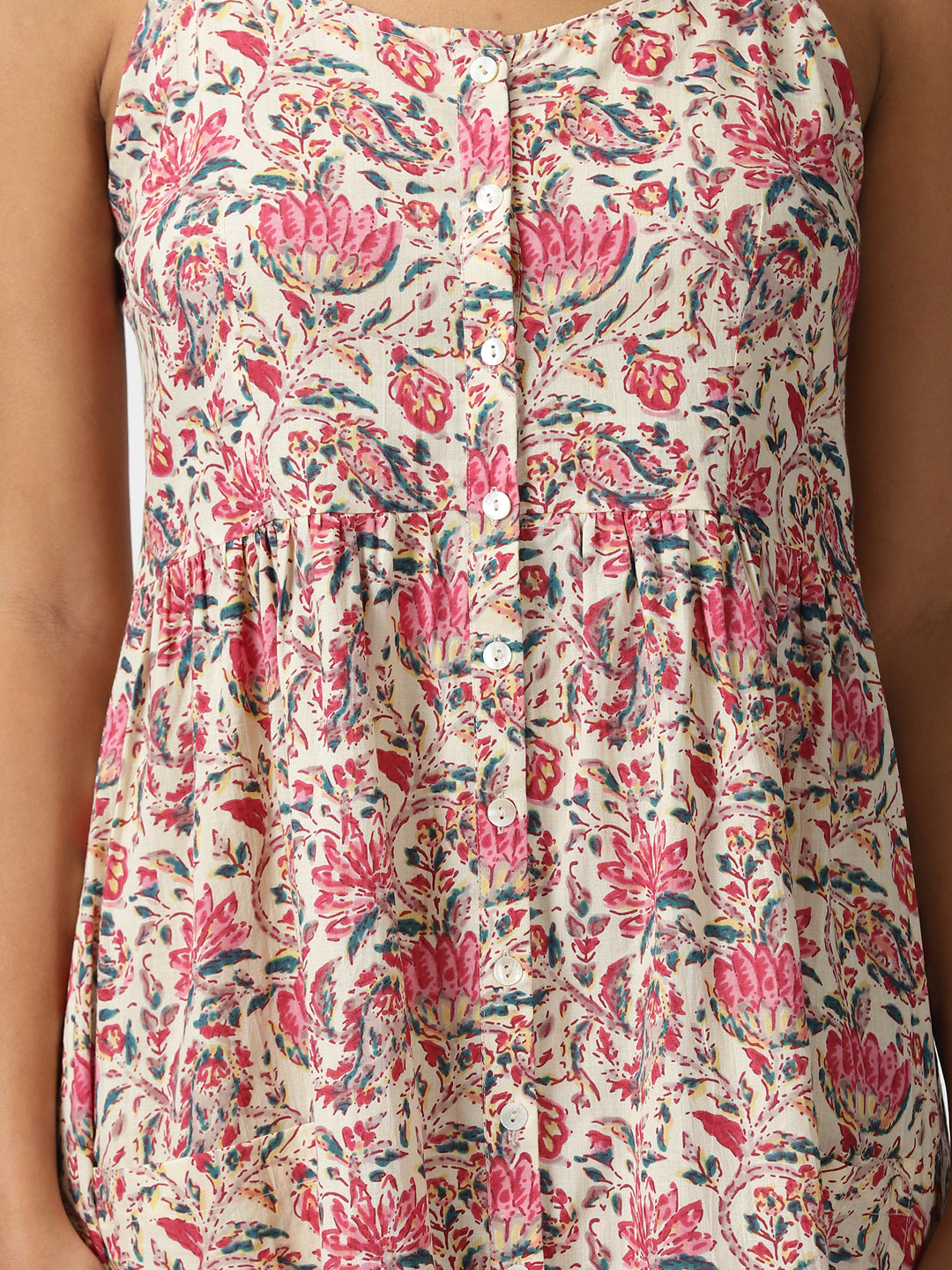 Cream Floral Print Cotton Button-Down Strappy Midi Dress