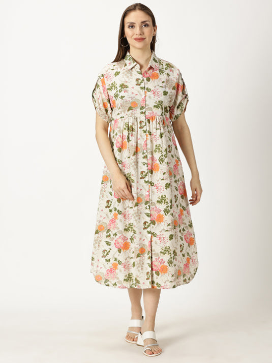 Orange Floral Printed Cotton Flax Dress with Shirt Collar