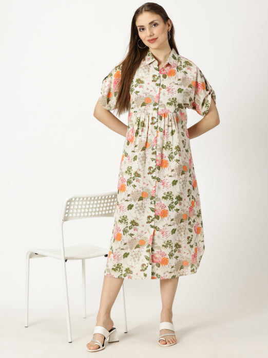 Orange Floral Printed Cotton Flax Dress with Shirt Collar