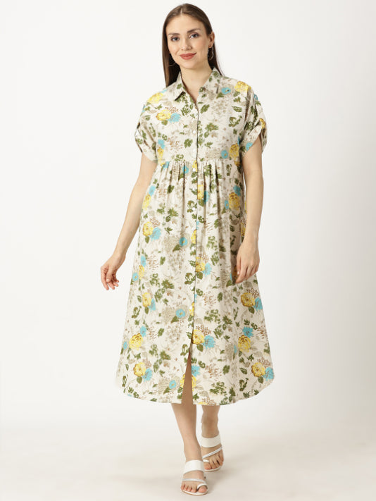 Turquoise Floral Printed Cotton Flax Dress with Shirt Collar