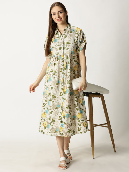 Turquoise Floral Printed Cotton Flax Dress with Shirt Collar