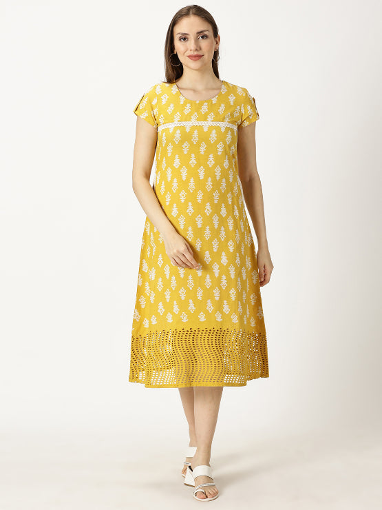 Yellow Abstract Print Cotton Dress with Lace Inserts