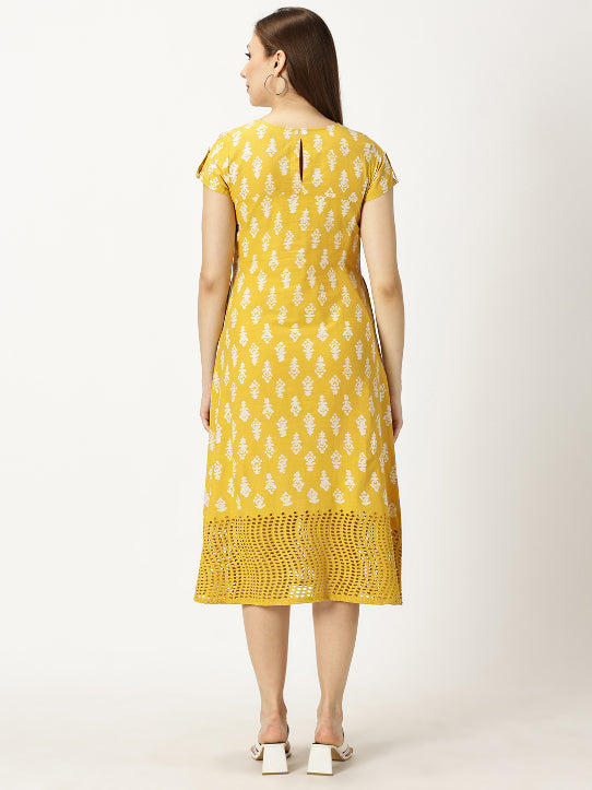 Yellow Abstract Print Cotton Dress with Lace Inserts