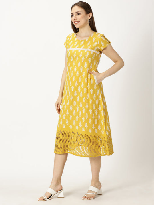 Yellow Abstract Print Cotton Dress with Lace Inserts