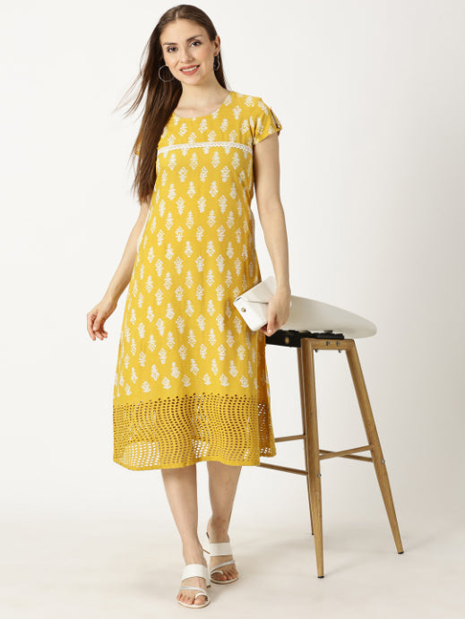 Yellow Abstract Print Cotton Dress with Lace Inserts