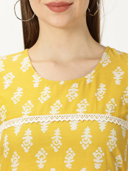 Yellow Abstract Print Cotton Dress with Lace Inserts