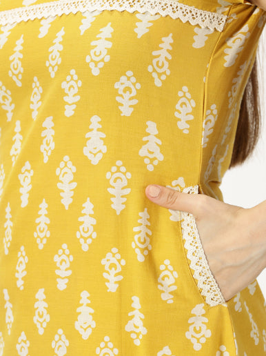Yellow Abstract Print Cotton Dress with Lace Inserts