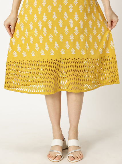 Yellow Abstract Print Cotton Dress with Lace Inserts