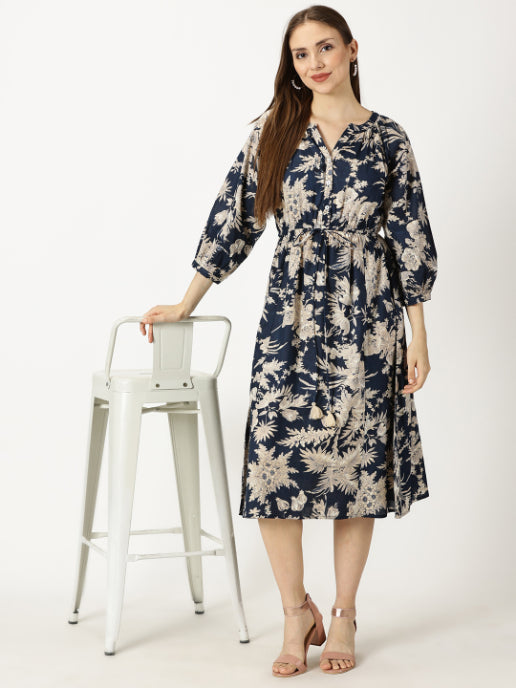 Navy Blue Tropical Print Cotton Dress with Waist Tie-up