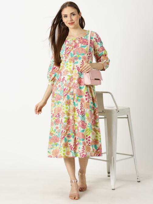 Pink Tropical Print Boho Cotton Dress