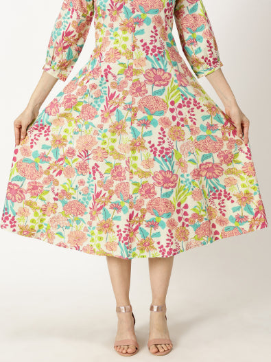 Pink Tropical Print Boho Cotton Dress