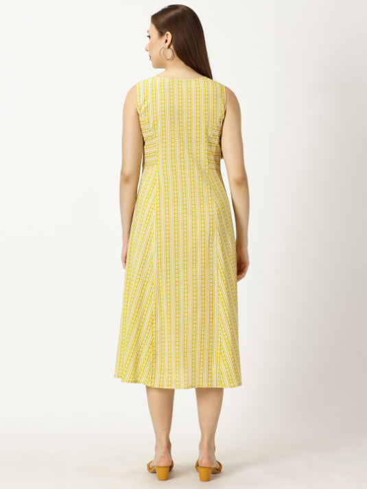 Yellow Panelled Printed Cotton A-line Dress