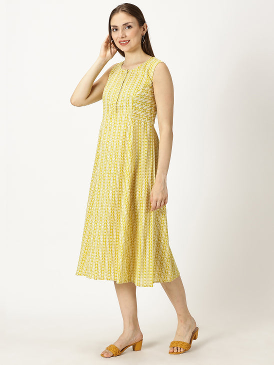 Yellow Panelled Printed Cotton A-line Dress