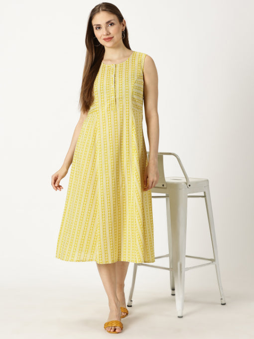 Yellow Panelled Printed Cotton A-line Dress