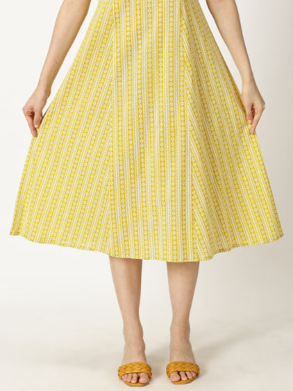 Yellow Panelled Printed Cotton A-line Dress