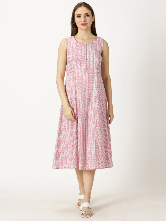 Pink Panelled Printed Cotton A-line Dress