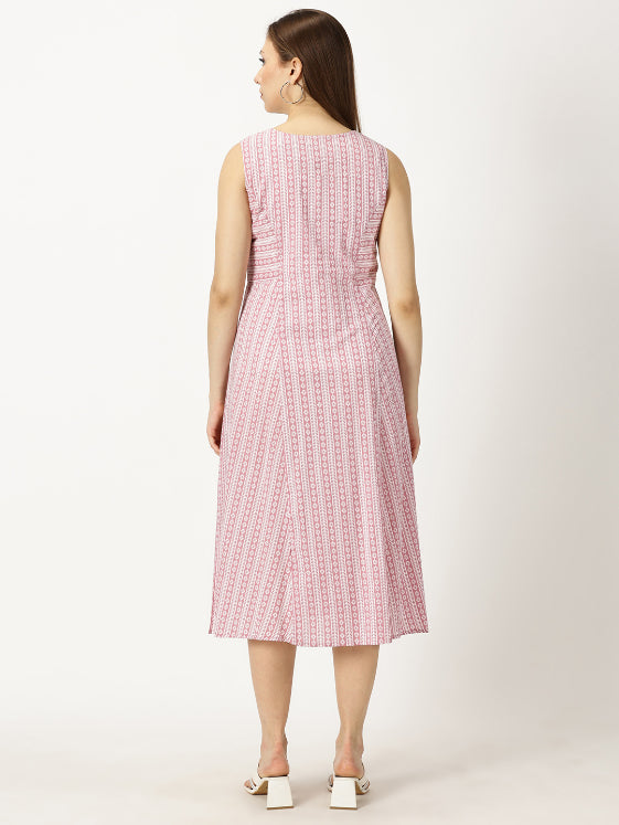 Pink Panelled Printed Cotton A-line Dress