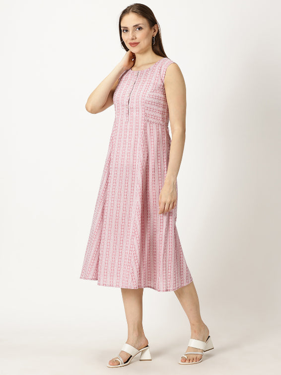 Pink Panelled Printed Cotton A-line Dress