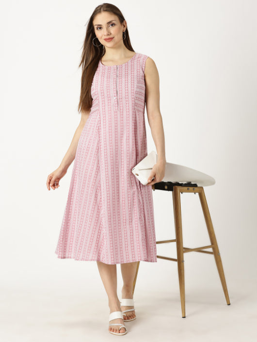 Pink Panelled Printed Cotton A-line Dress