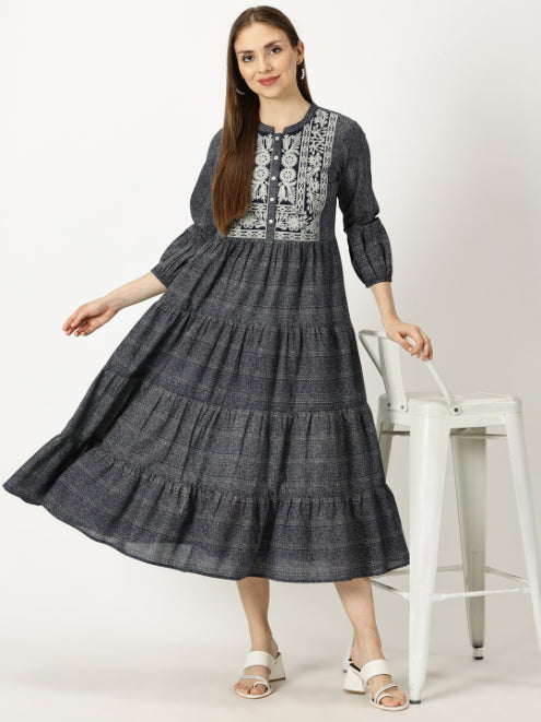 Navy Blue Cotton Tiered Midi Dress