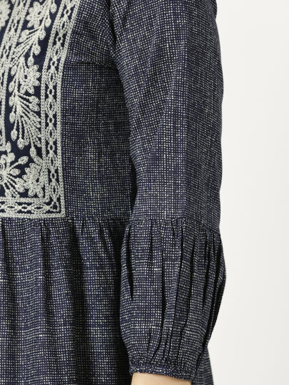 Navy Blue Cotton Tiered Midi Dress