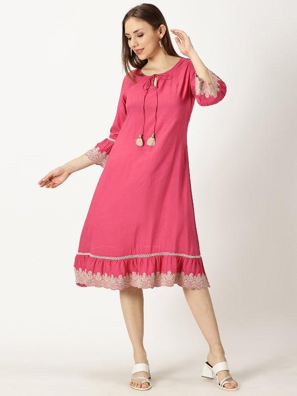 Pink Solid Dress with Lace Embroidered Details  Saffron Threads