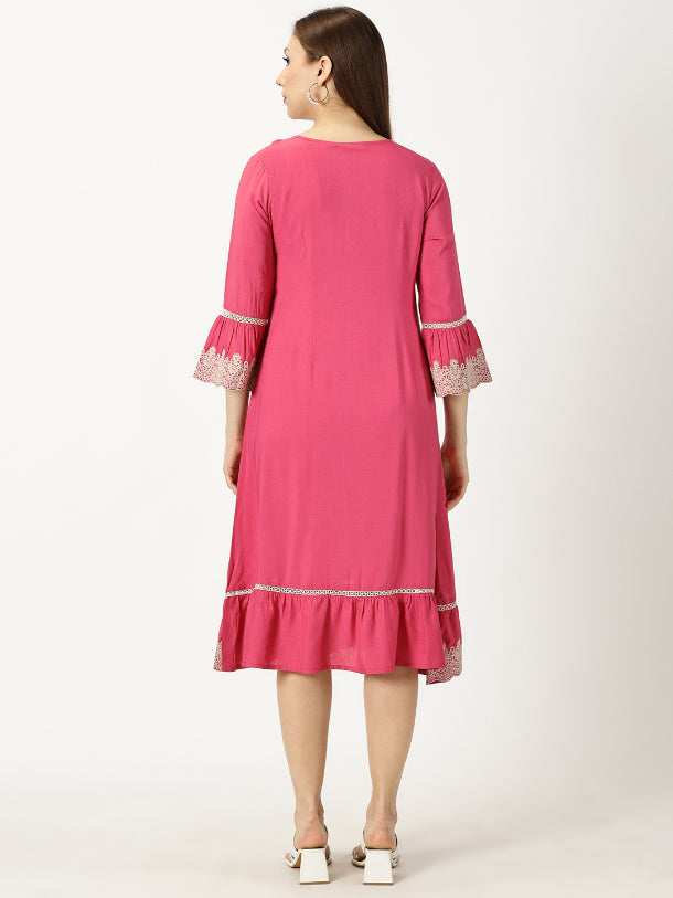 Pink Solid Dress with Lace Embroidered Details