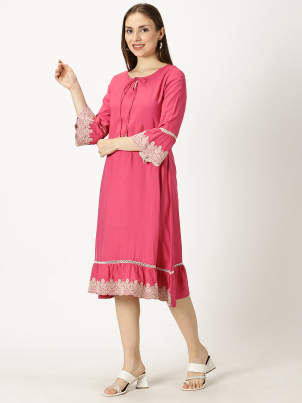 Pink Solid Dress with Lace Embroidered Details