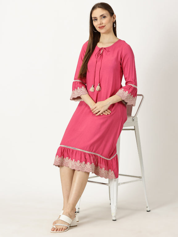Pink Solid Dress with Lace Embroidered Details