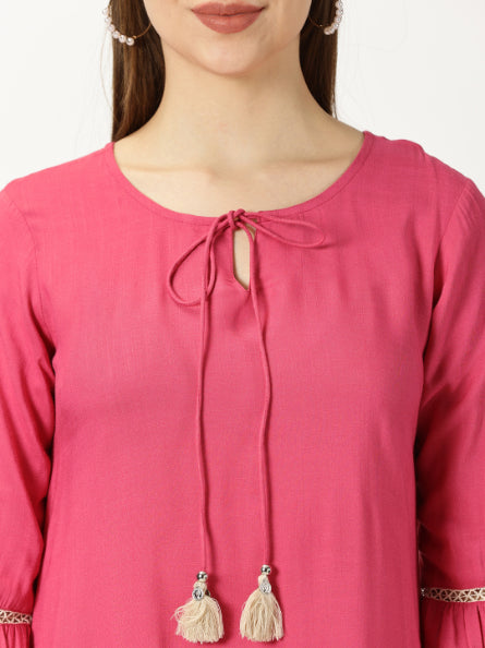 Pink Solid Dress with Lace Embroidered Details