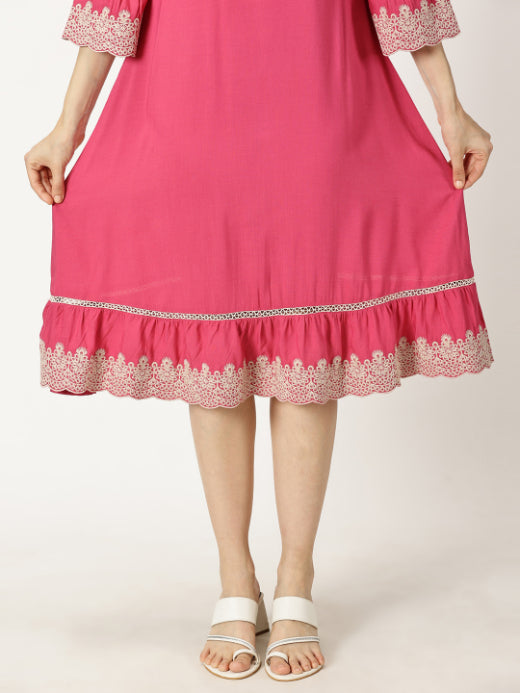 Pink Solid Dress with Lace Embroidered Details