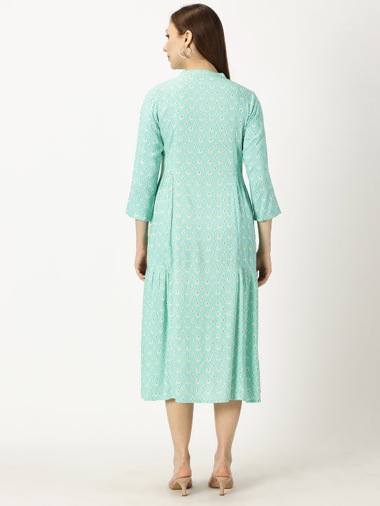 Sea Green Printed Rayon Dress with Side Gathers – Saffron Threads