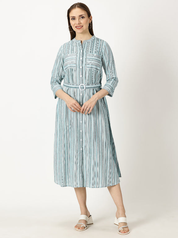 Blue Striped Print Cotton Dress with Belt Buckle