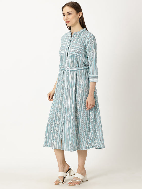 Blue Striped Print Cotton Dress with Belt Buckle