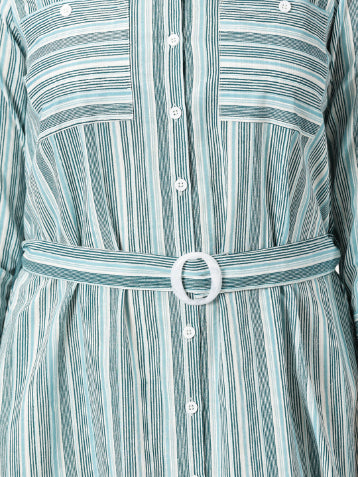 Blue Striped Print Cotton Dress with Belt Buckle