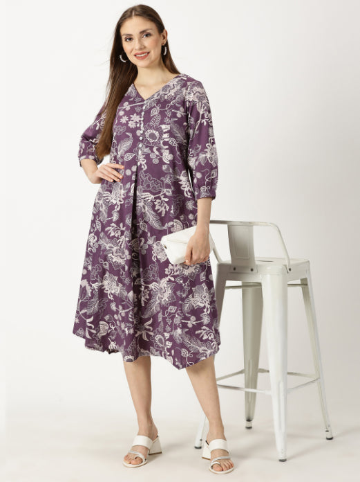 Purple Tropical Print Cotton Dress with Back Strap