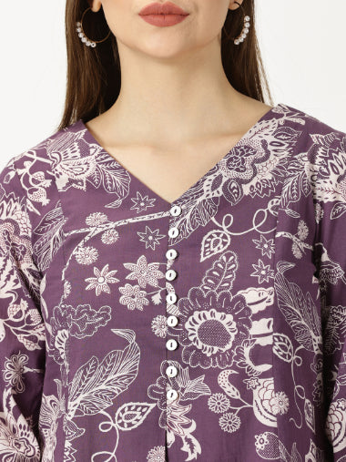 Purple Tropical Print Cotton Dress with Back Strap