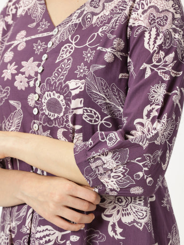 Purple Tropical Print Cotton Dress with Back Strap