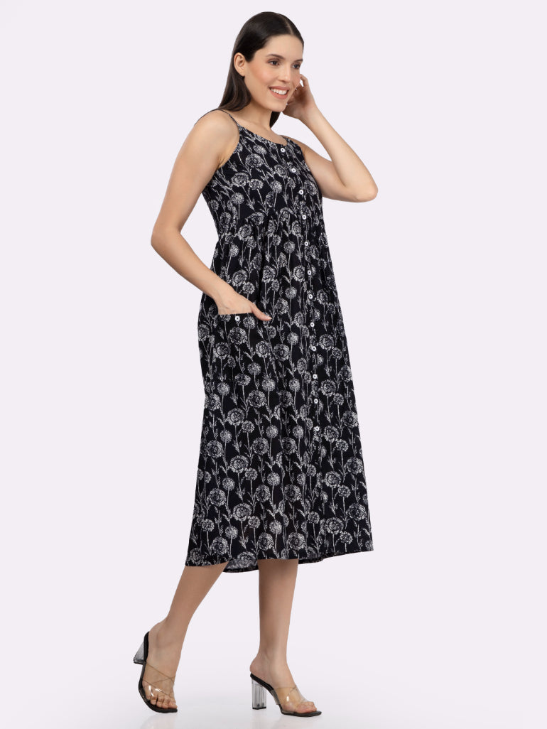 Black Flower Print Strappy Midi Dress with Front Pockets