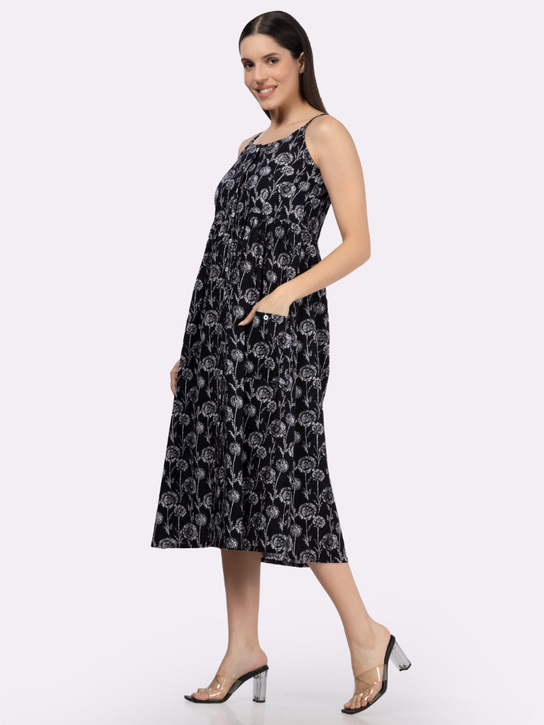 Black Flower Print Strappy Midi Dress with Front Pockets