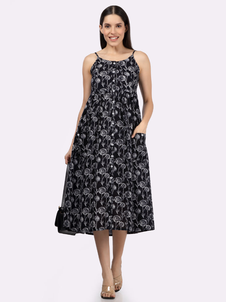 Black Flower Print Strappy Midi Dress with Front Pockets