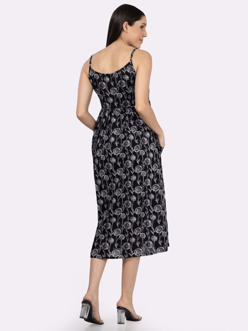 Black Flower Print Strappy Midi Dress with Front Pockets