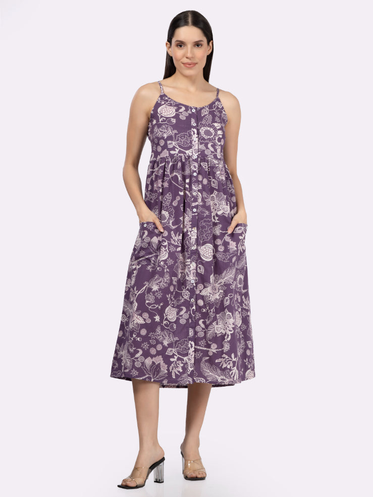 Purple Flower Print Strappy Midi Dress with Front Pockets