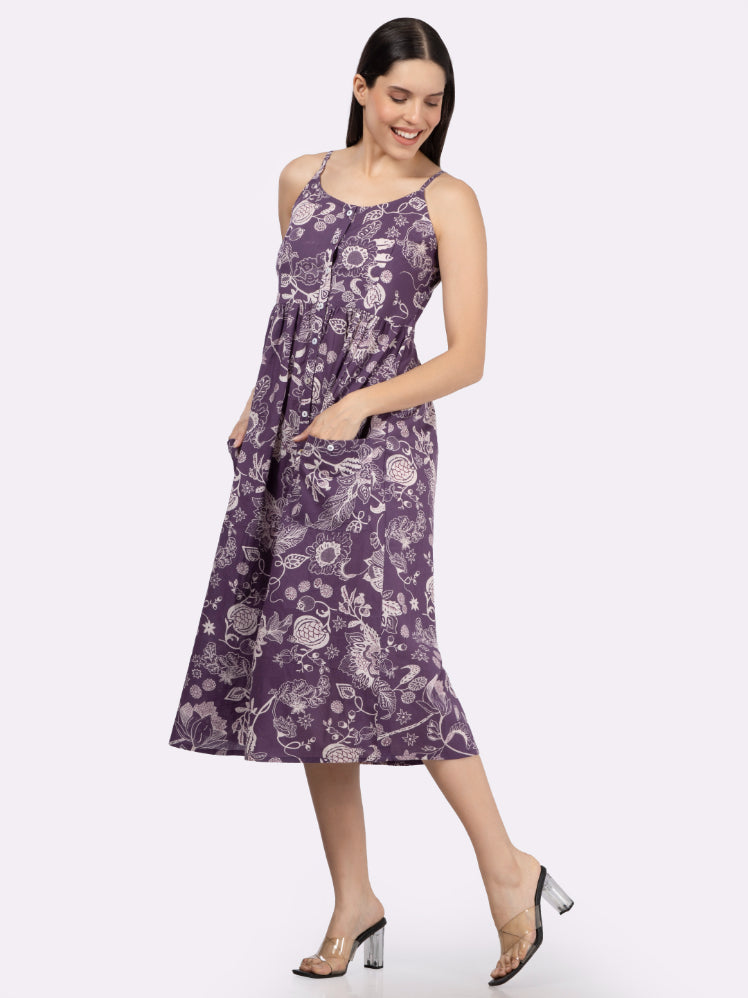 Purple Flower Print Strappy Midi Dress with Front Pockets