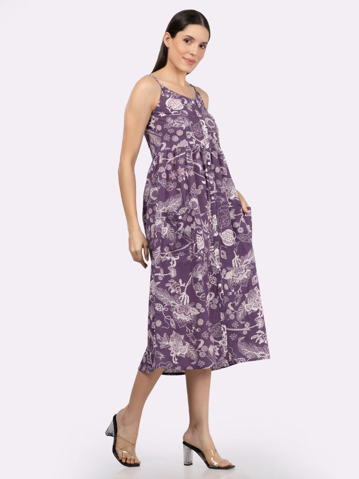 Purple Flower Print Strappy Midi Dress with Front Pockets